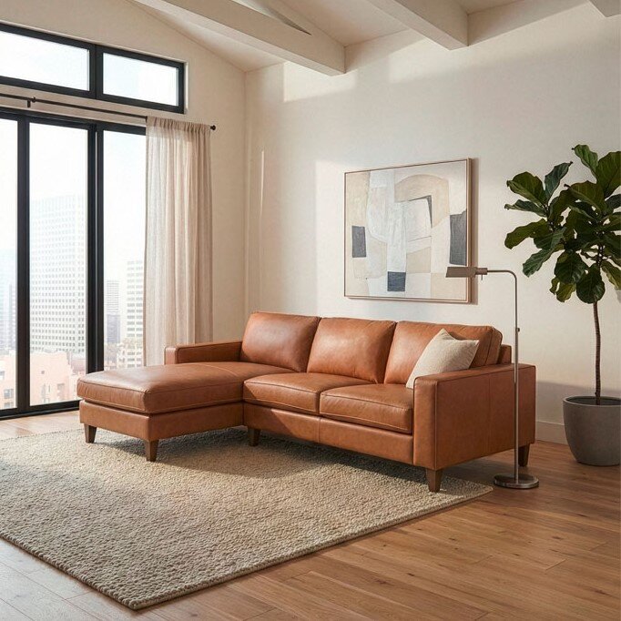 Modernes braunes Leder-Ecksofa mit linksseitiger Ottomane in hellem Wohnzimmer mit Teppich, Stehlampe und Pflanze, aufgenommen aus leicht schräger Frontansicht.