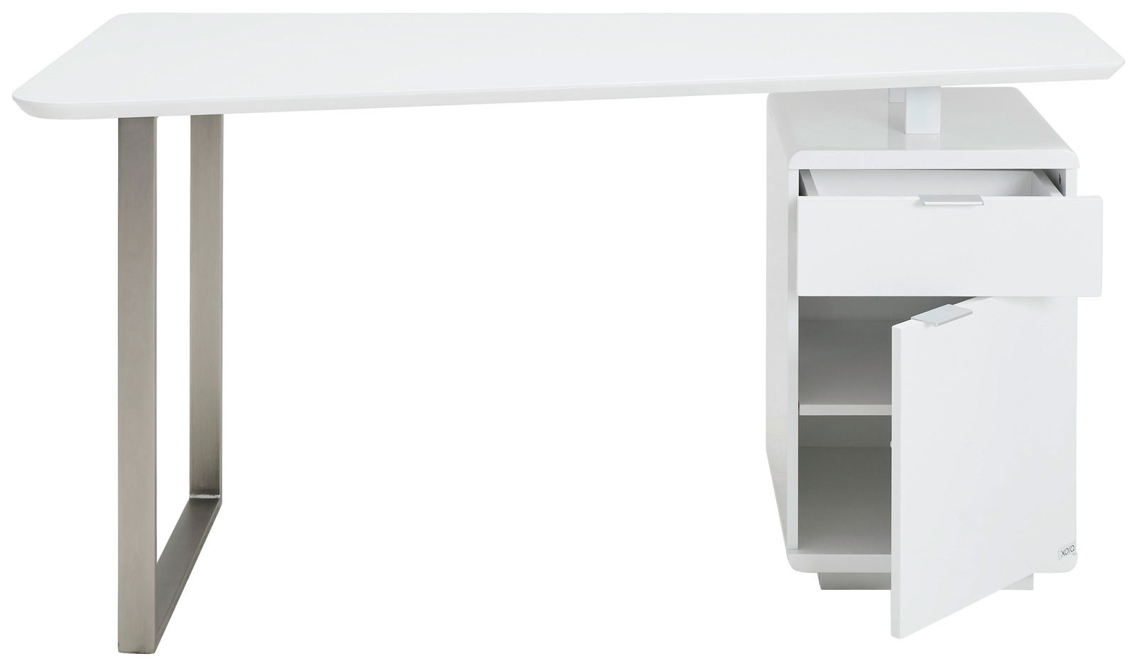 Moderner weißer Schreibtisch mit Metallbeinen, einer Schublade und einem offenen Schrank, seitliche Perspektive.