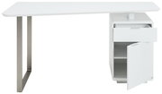 Moderner weißer Schreibtisch mit Metallbeinen, einer Schublade und einem offenen Schrank, seitliche Perspektive.