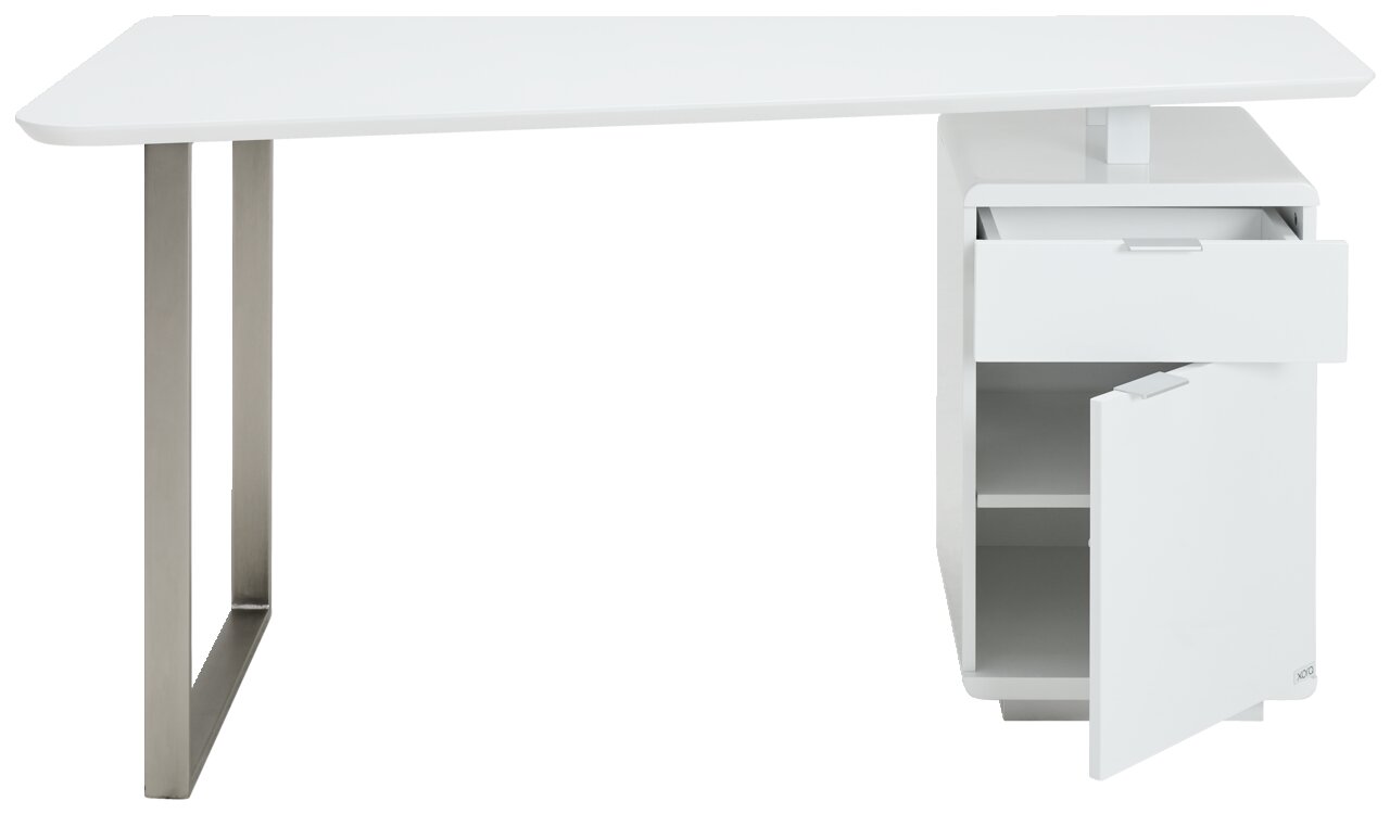 Moderner weißer Schreibtisch mit Metallbeinen, einer Schublade und einem offenen Schrank, seitliche Perspektive.
