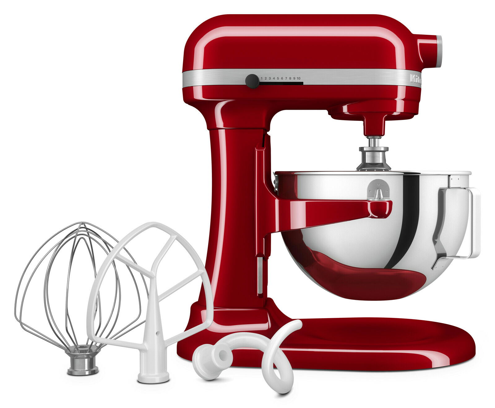 KitchenAid Küchenmaschine HEAVY DUTY 5KSM55SXXEER Rote Küchenmaschine Heavy Duty 5,2L mit Rührschüssel und drei Aufsätzen, seitliche Perspektive