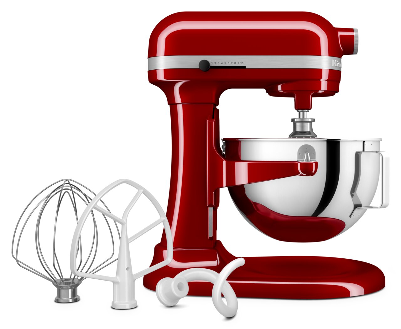 KitchenAid Küchenmaschine HEAVY DUTY 5KSM55SXXEER Rote Küchenmaschine Heavy Duty 5,2L mit Rührschüssel und drei Aufsätzen, seitliche Perspektive