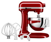 Rote Küchenmaschine Heavy Duty 5,2L mit Rührschüssel und drei Aufsätzen, seitliche Perspektive