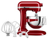 Rote Küchenmaschine Heavy Duty 5,2L mit Rührschüssel und drei Aufsätzen, seitliche Perspektive