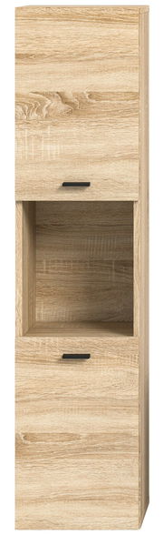 Moderner Badschrank aus hellem Holz mit zwei Türen und einem offenen Fach, Frontalansicht