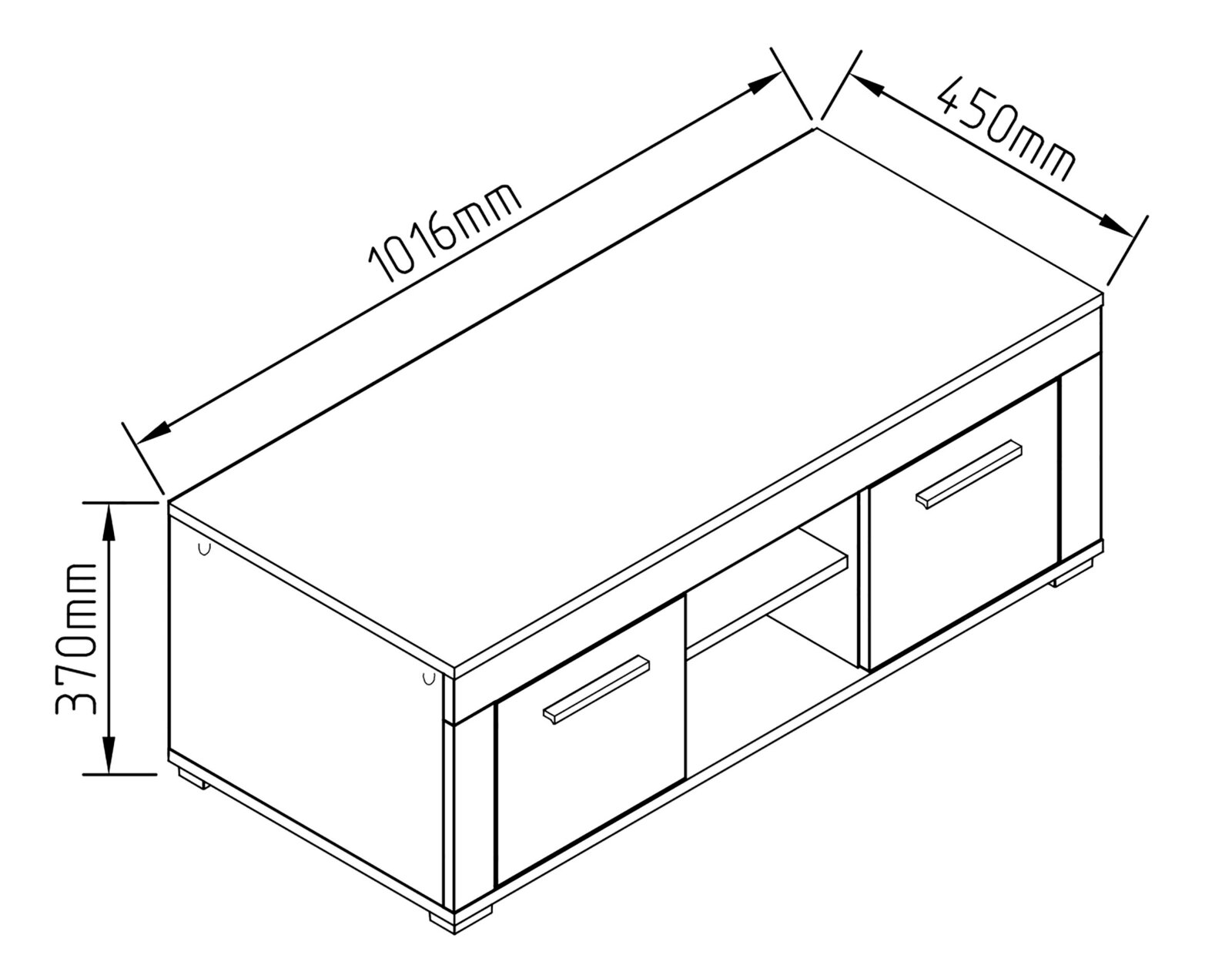 Technische Strichzeichnung eines TV-Lowboards mit zwei Schubladen und offenem Mittelfach, Maße ca. 1016 mm Breite, 450 mm Tiefe und 370 mm Höhe, gezeigt in schräger Perspektive von oben/vorne.