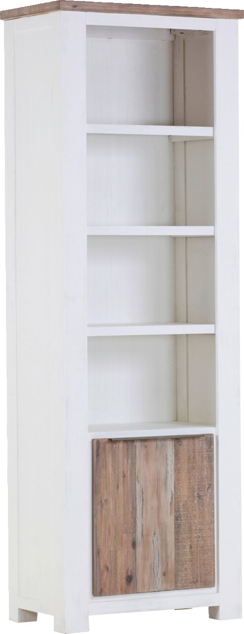 Z2 Regal TAMPA Weißes Regal mit fünf Fächern und einer Holztür unten, seitliche Perspektive