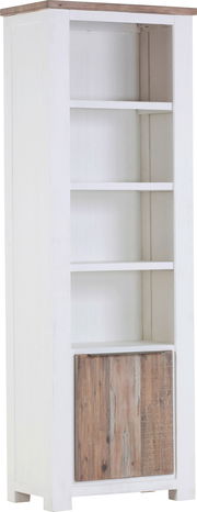 Weißes Regal mit fünf Fächern und einer Holztür unten, seitliche Perspektive