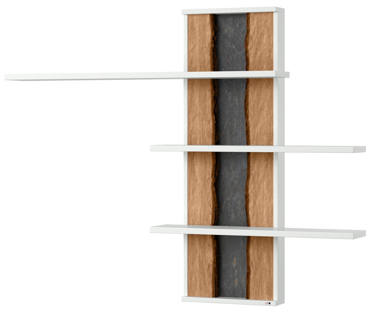 Set one by Musterring Hängepaneel 3-er TACOMA Hängepaneel mit drei weißen Regalböden und einer Rückwand in Holzoptik mit dunklem Streifen in der Mitte, seitliche Perspektive