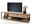 TV-Lowboard aus Holz mit schwarzem Metallrahmen, dekoriert mit einem Fernseher, Pflanzen und Büchern, seitliche Perspektive