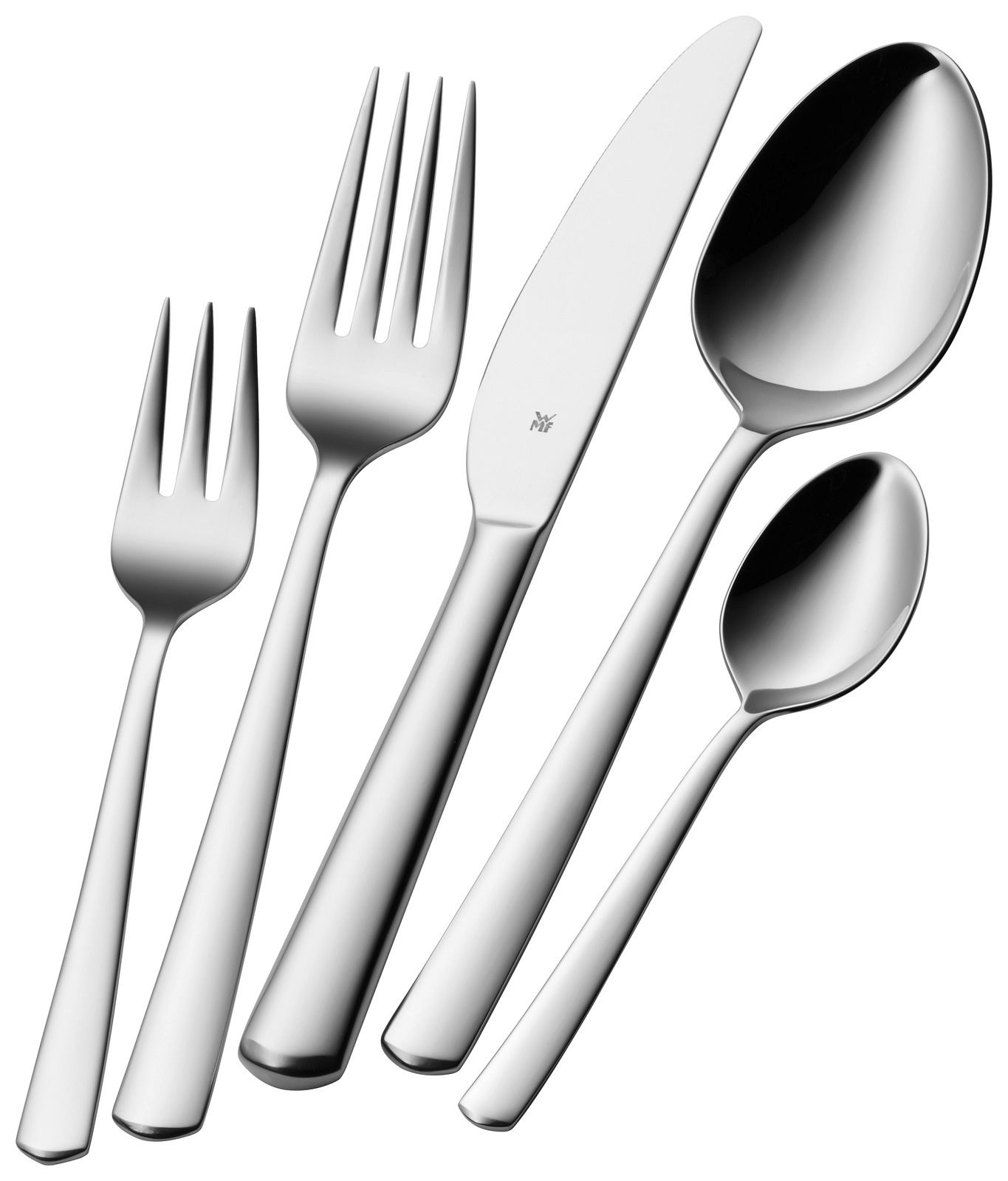 Set aus Edelstahlbesteck, bestehend aus Gabel, Messer, Esslöffel, Dessertgabel und Teelöffel, in einer schrägen Draufsicht.