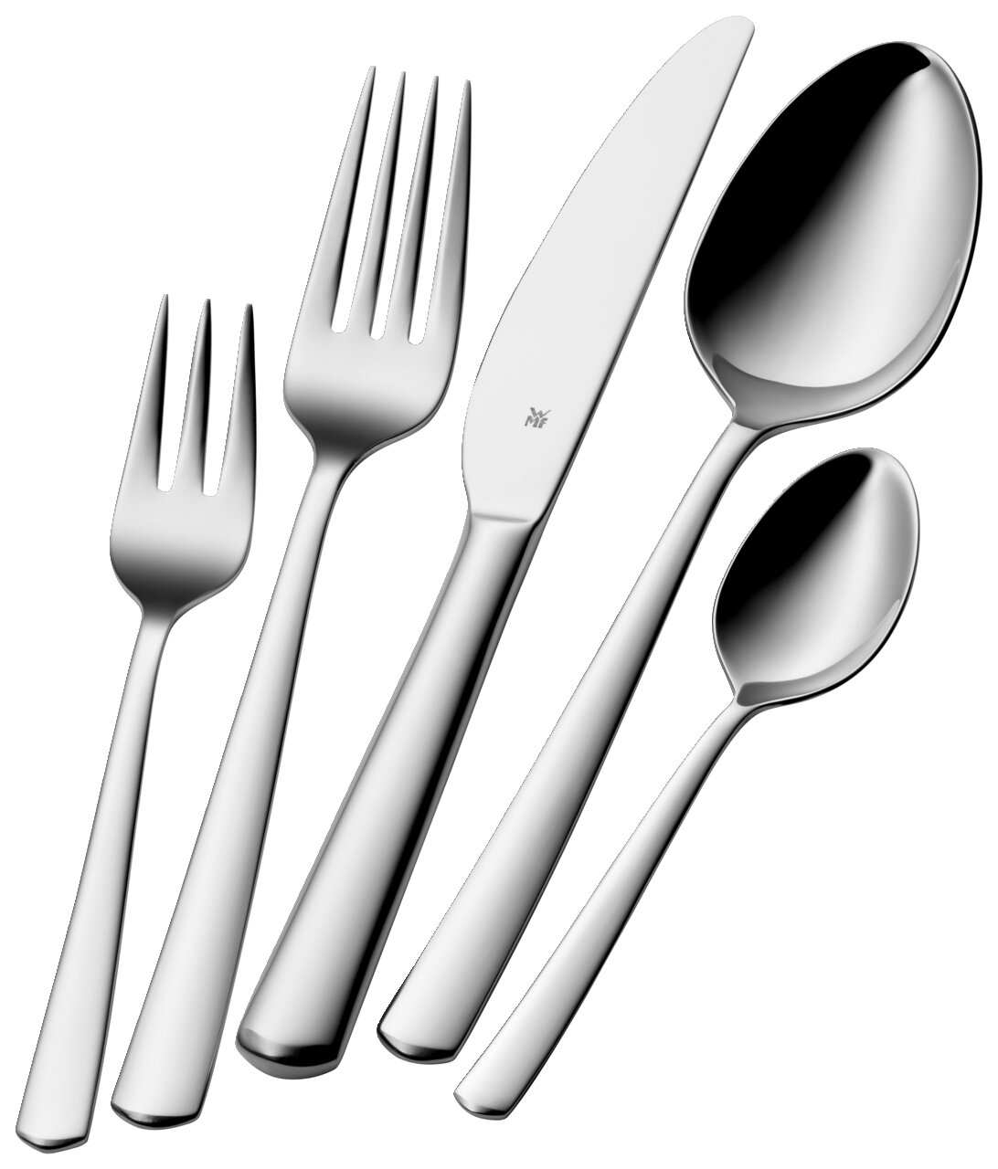 Set aus Edelstahlbesteck, bestehend aus Gabel, Messer, Esslöffel, Dessertgabel und Teelöffel, in einer schrägen Draufsicht.