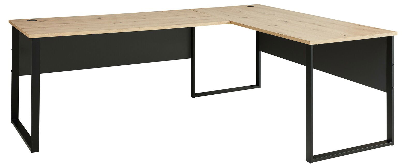 Voleo Eckschreibtisch DETROIT Moderner Eckschreibtisch mit Holzoberfläche und schwarzem Metallgestell, seitliche Perspektive.