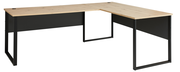 Moderner Eckschreibtisch mit Holzoberfläche und schwarzem Metallgestell, seitliche Perspektive.