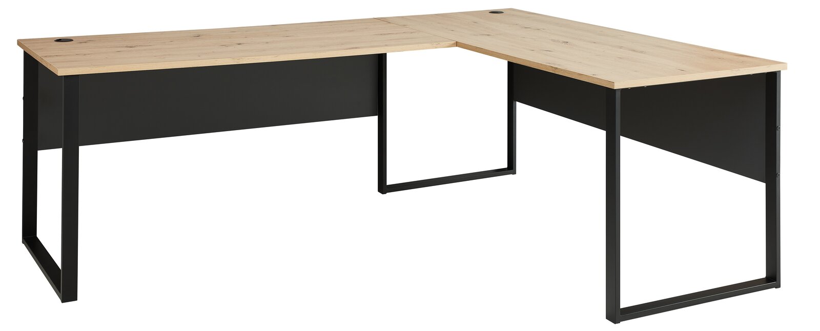 Moderner Eckschreibtisch mit Holzoberfläche und schwarzem Metallgestell, seitliche Perspektive.
