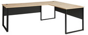 Moderner Eckschreibtisch mit Holzoberfläche und schwarzem Metallgestell, seitliche Perspektive.