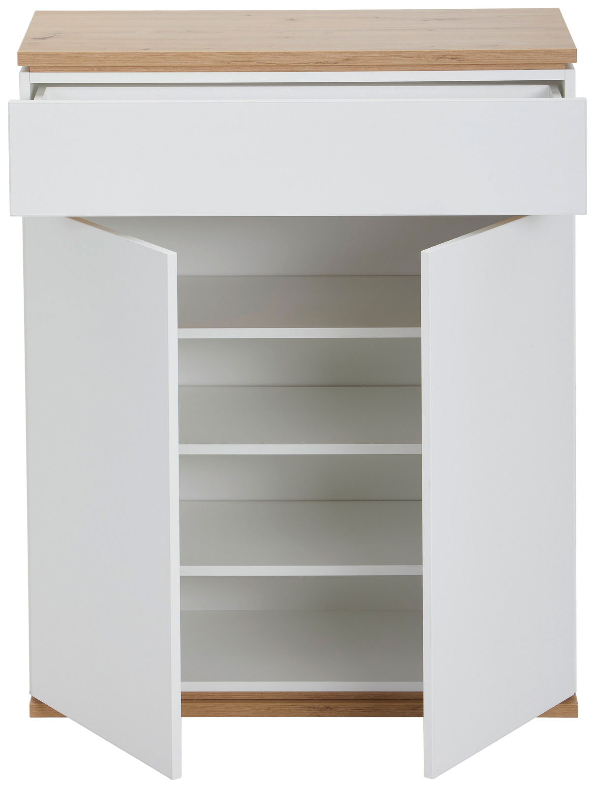 Weißer Schuhschrank mit Holzakzent, geöffnete Türen, frontale Ansicht