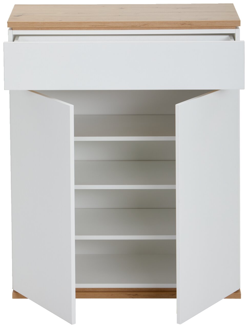 Weißer Schuhschrank mit Holzakzent, geöffnete Türen, frontale Ansicht