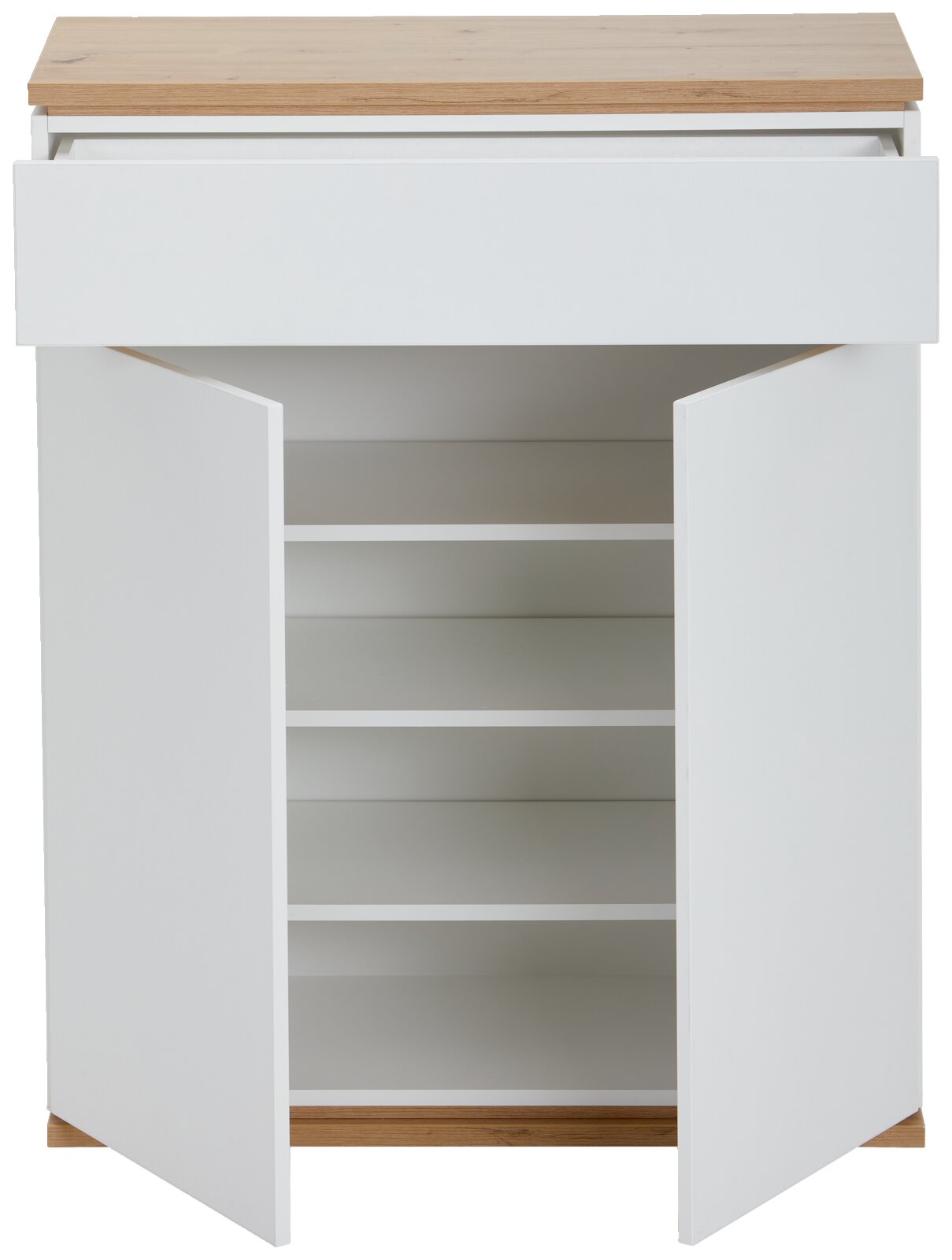 Witte schoenenkast met houten accenten, open deuren, vooraanzicht