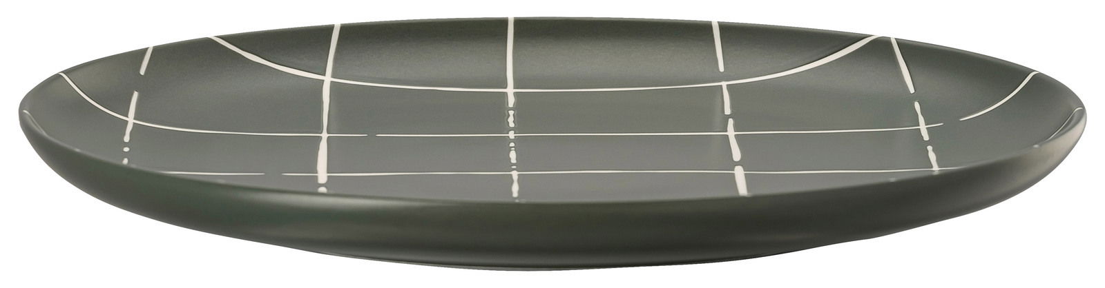 Flacher Teller mit einem modernen, grauen Design und weißen Linien, seitliche Perspektive