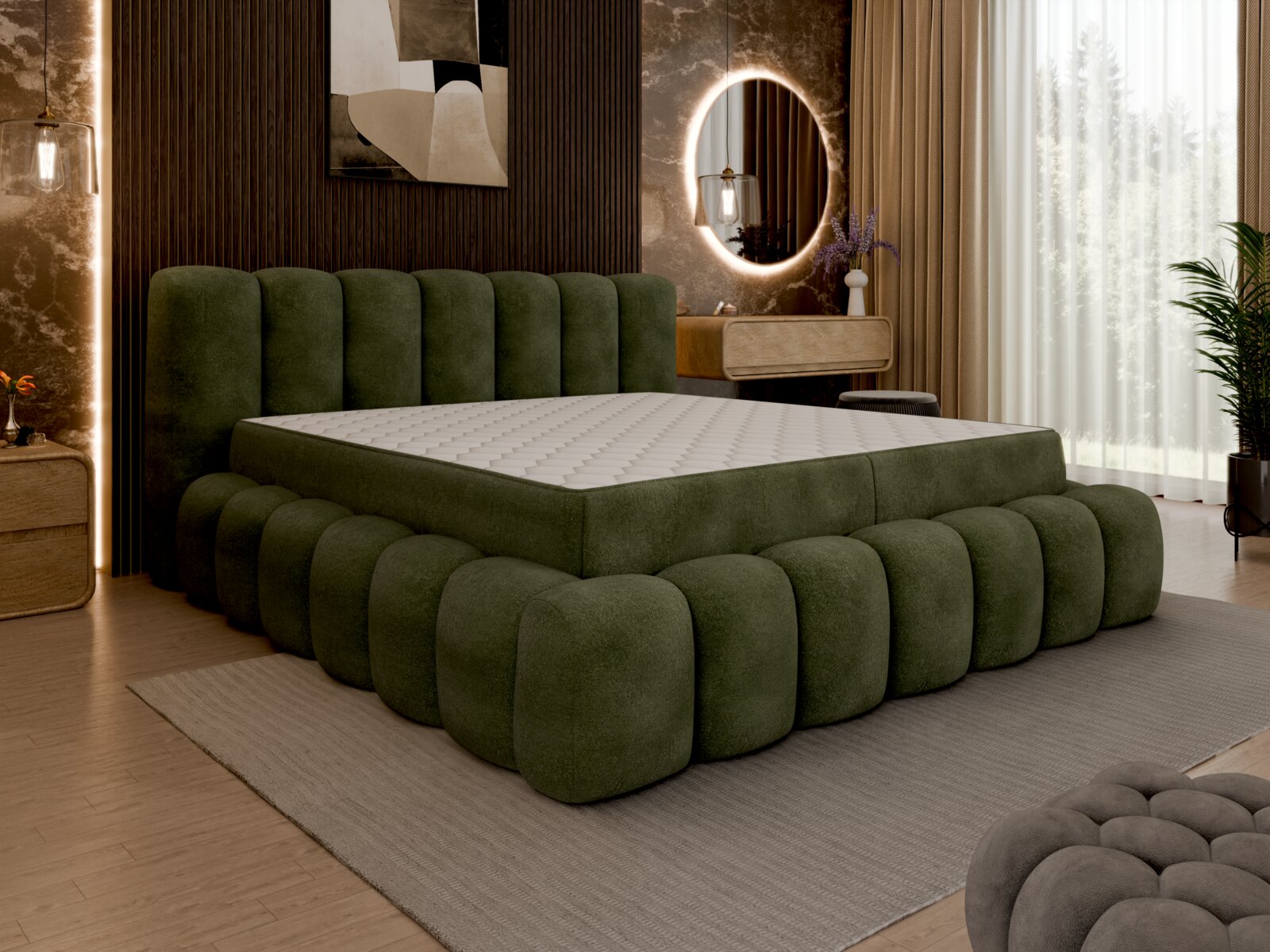 Groen gestoffeerd bed met gestoffeerd hoofdeinde en een modern ontwerp, zijaanzicht in een stijlvol ingerichte slaapkamer