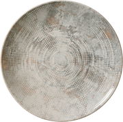 Flacher Teller mit einem perlartigen, kreisförmigen Muster in einer Draufsicht.