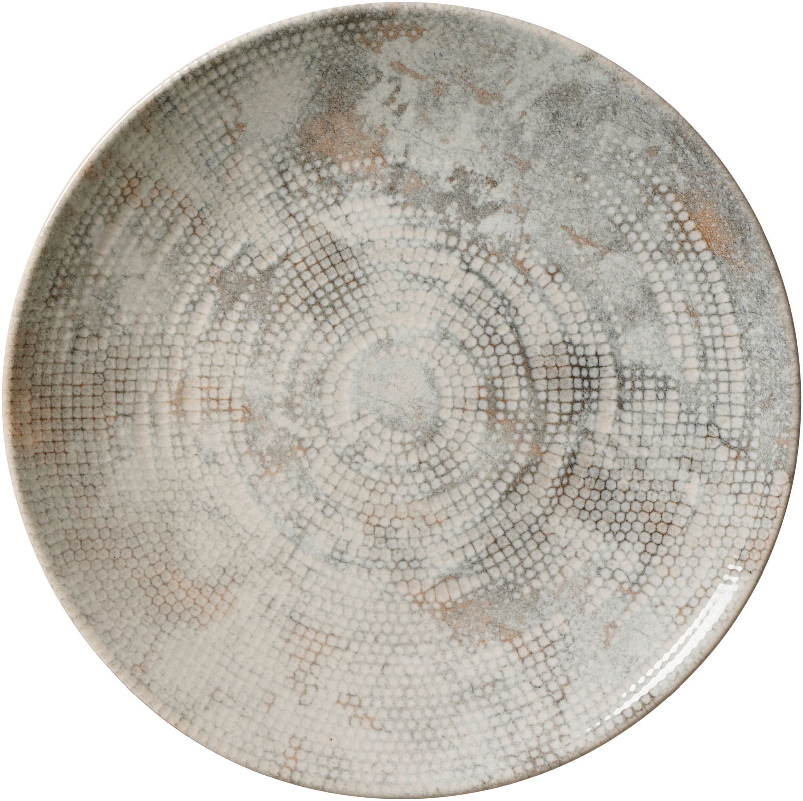 Flacher Teller mit einem perlartigen, kreisförmigen Muster in einer Draufsicht.