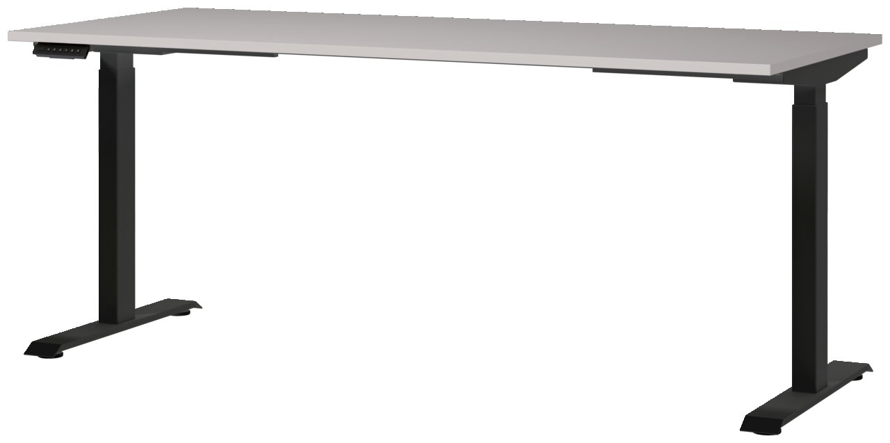 Moderner E-Schreibtisch 180x80 cm mit schwarzem Gestell und weißer Tischplatte, seitliche Perspektive