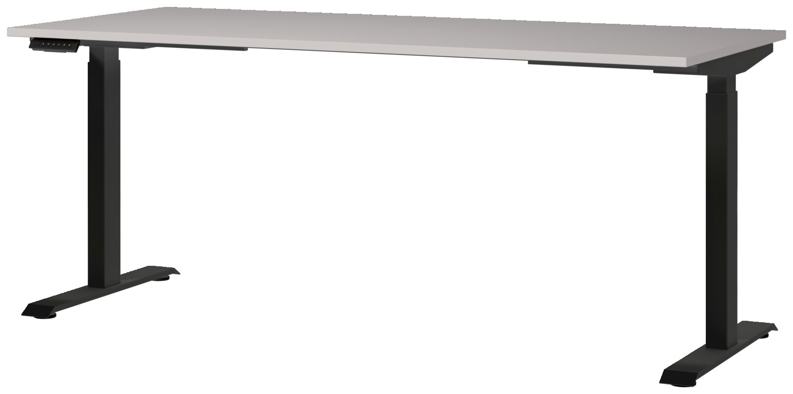 Moderner E-Schreibtisch 180x80 cm mit schwarzem Gestell und weißer Tischplatte, seitliche Perspektive