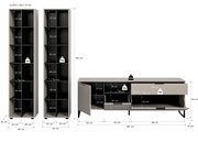 Bemaßte Produktansicht eines modernen Möbelsets in Taupe/Grau: zwei hohe Regale (je ca. 192 cm hoch, 45 cm breit, 35 cm tief) mit offenen Fächern und ein Lowboard/TV-Board (ca. 185 cm breit, 64 cm hoch, 41 cm tief) mit Tür, Schublade und Klappe; dargestel