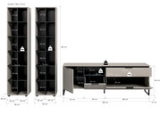 Bemaßte Produktansicht eines modernen Möbelsets in Taupe/Grau: zwei hohe Regale (je ca. 192 cm hoch, 45 cm breit, 35 cm tief) mit offenen Fächern und ein Lowboard/TV-Board (ca. 185 cm breit, 64 cm hoch, 41 cm tief) mit Tür, Schublade und Klappe; dargestel