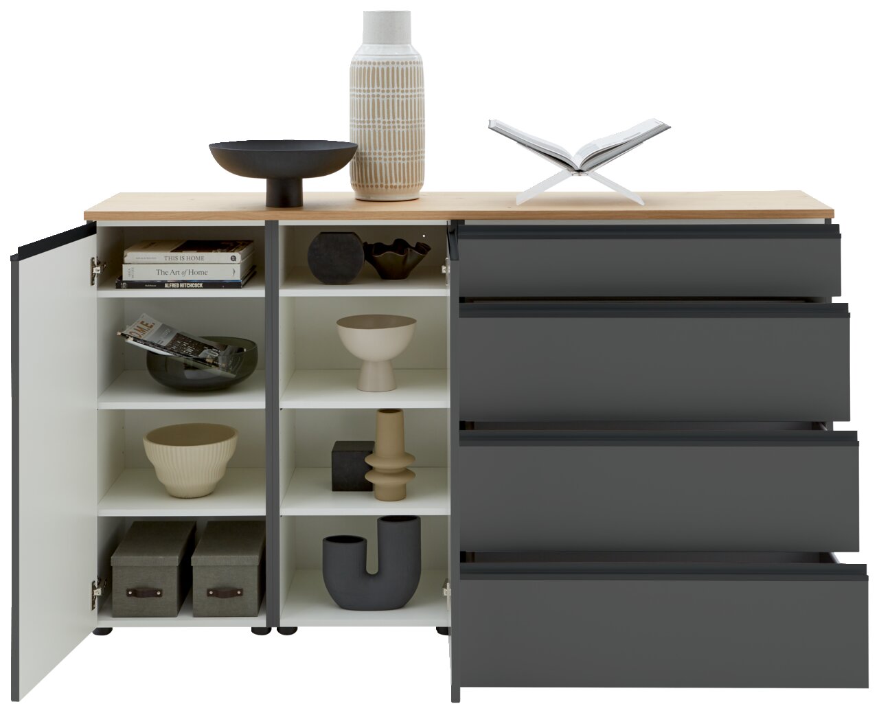 Frontale Ansicht eines modernen Sideboards mit offenen Schubladen und Türen, dekoriert mit Vasen und Büchern.