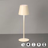 Akku-Tischleuchte VILETTO in seitlicher Perspektive, cremefarben, mit Touch-Bedienung und IP54-Schutz.