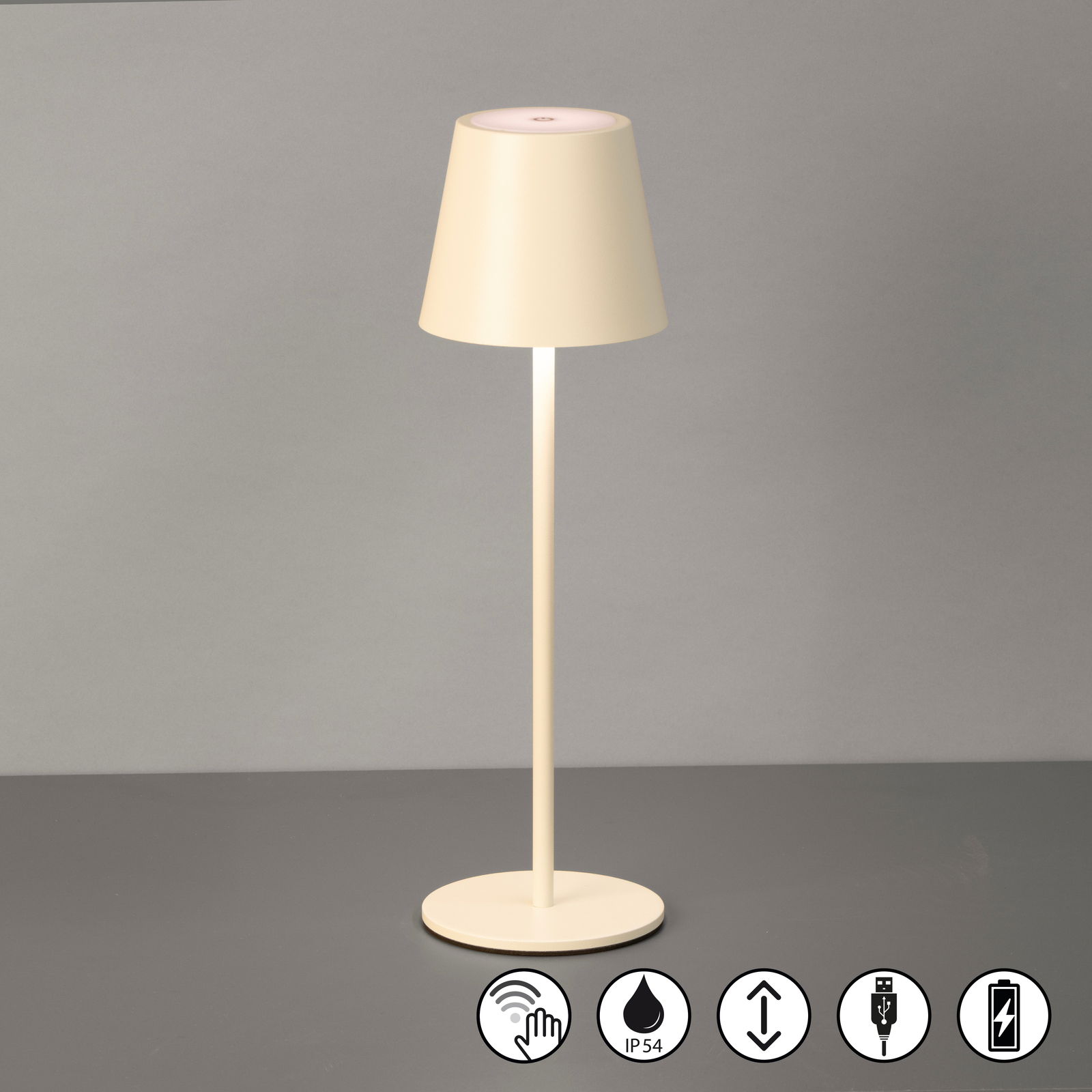 Akku-Tischleuchte VILETTO in seitlicher Perspektive, cremefarben, mit Touch-Bedienung und IP54-Schutz.