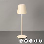 Akku-Tischleuchte VILETTO in seitlicher Perspektive, cremefarben, mit Touch-Bedienung und IP54-Schutz.