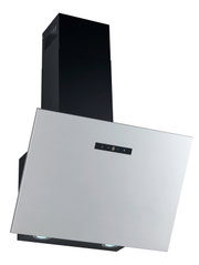 Schrägansicht von vorne: moderne Wand-Dunstabzugshaube aus Edelstahl mit schwarzem Kaminaufsatz, Touch-Bedienfeld und zwei LED-Leuchten an der Unterseite