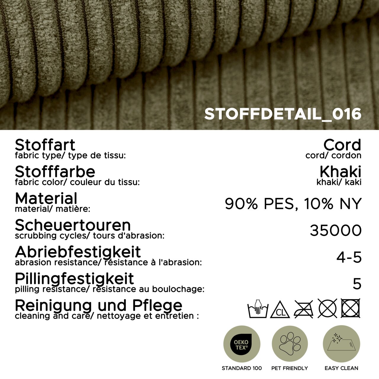 Nahaufnahme eines khakifarbenen Cordstoffs (Stoffdetail_016) mit gerippter Struktur; Material 90% PES, 10% NY, 35.000 Scheuertouren, Abriebfestigkeit 4–5, Pillingfestigkeit 5, OEKO-TEX Standard 100, pet friendly und easy clean – Perspektive: Detail-/Makro
