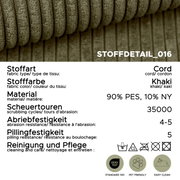 Nahaufnahme eines khakifarbenen Cordstoffs (Stoffdetail_016) mit gerippter Struktur; Material 90% PES, 10% NY, 35.000 Scheuertouren, Abriebfestigkeit 4–5, Pillingfestigkeit 5, OEKO-TEX Standard 100, pet friendly und easy clean – Perspektive: Detail-/Makro