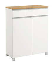 Moderner weißer Schuhschrank mit Holzoberfläche, frontal abgebildet.