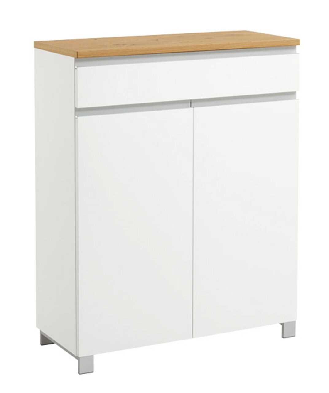 Moderner weißer Schuhschrank mit Holzoberfläche, frontal abgebildet.