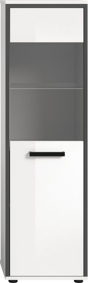 Schmaler, moderner Hochschrank in Weiß mit dunkelgrauen Fronten und schwarzem Griff, oben mit Glaseinsatz; Frontalansicht.