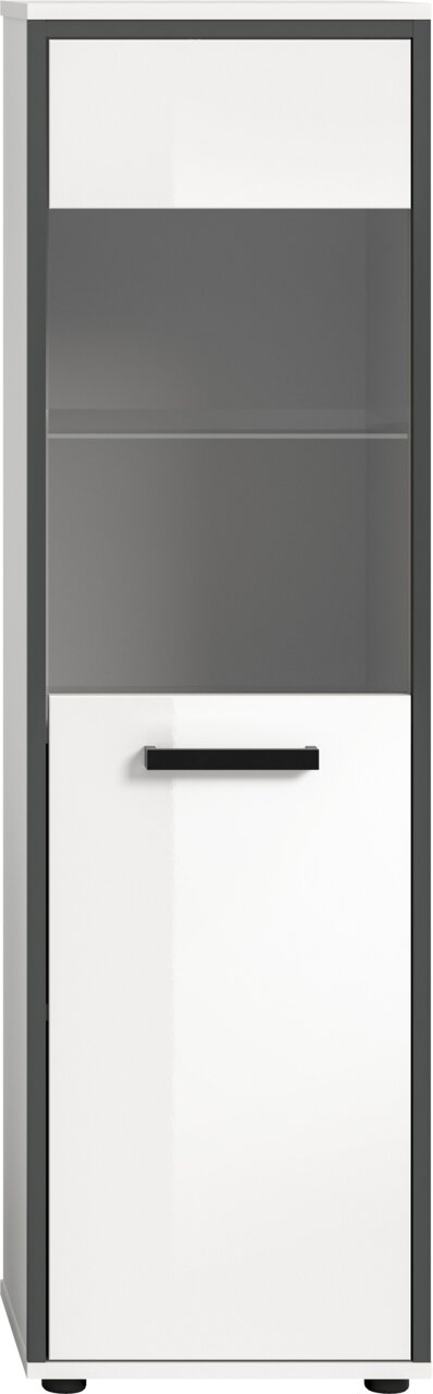 Schmaler, moderner Hochschrank in Weiß mit dunkelgrauen Fronten und schwarzem Griff, oben mit Glaseinsatz; Frontalansicht.