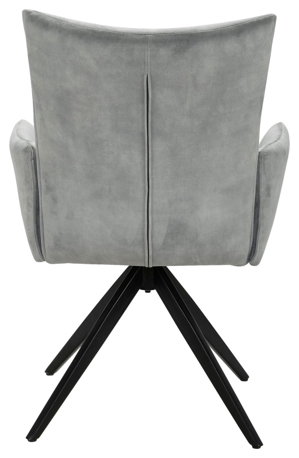 Hom´in Armlehnstuhl EDUARDO Rückansicht eines grauen Armlehnstuhls mit schwarzem Metallgestell und vier Beinen.