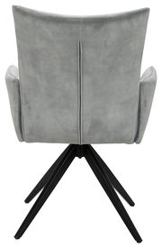 Rückansicht eines grauen Armlehnstuhls mit schwarzem Metallgestell und vier Beinen.