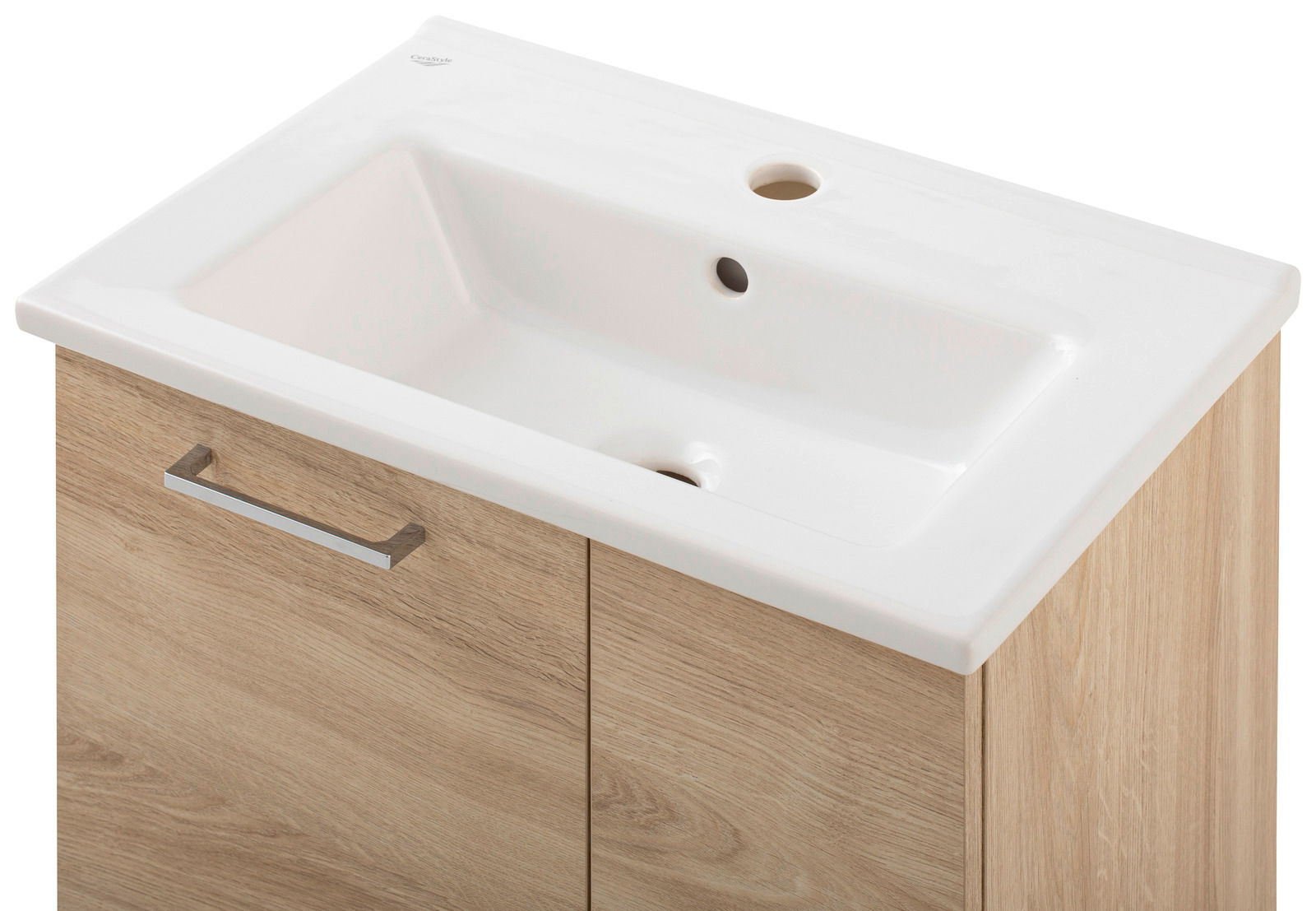 Waschtisch-Set mit weißem Keramikbecken und Holzunterschrank, seitliche Perspektive