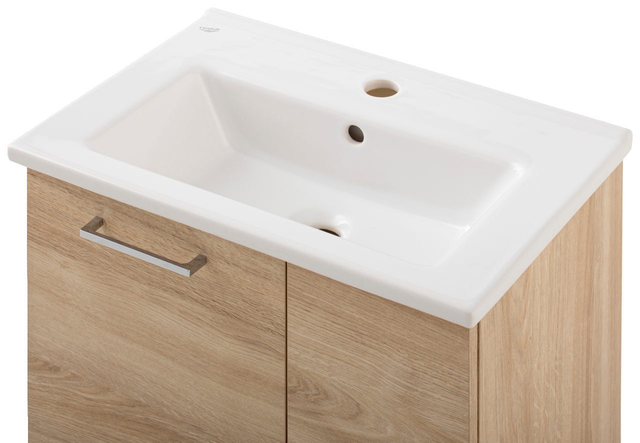 Waschtisch-Set mit weißem Keramikbecken und Holzunterschrank, seitliche Perspektive