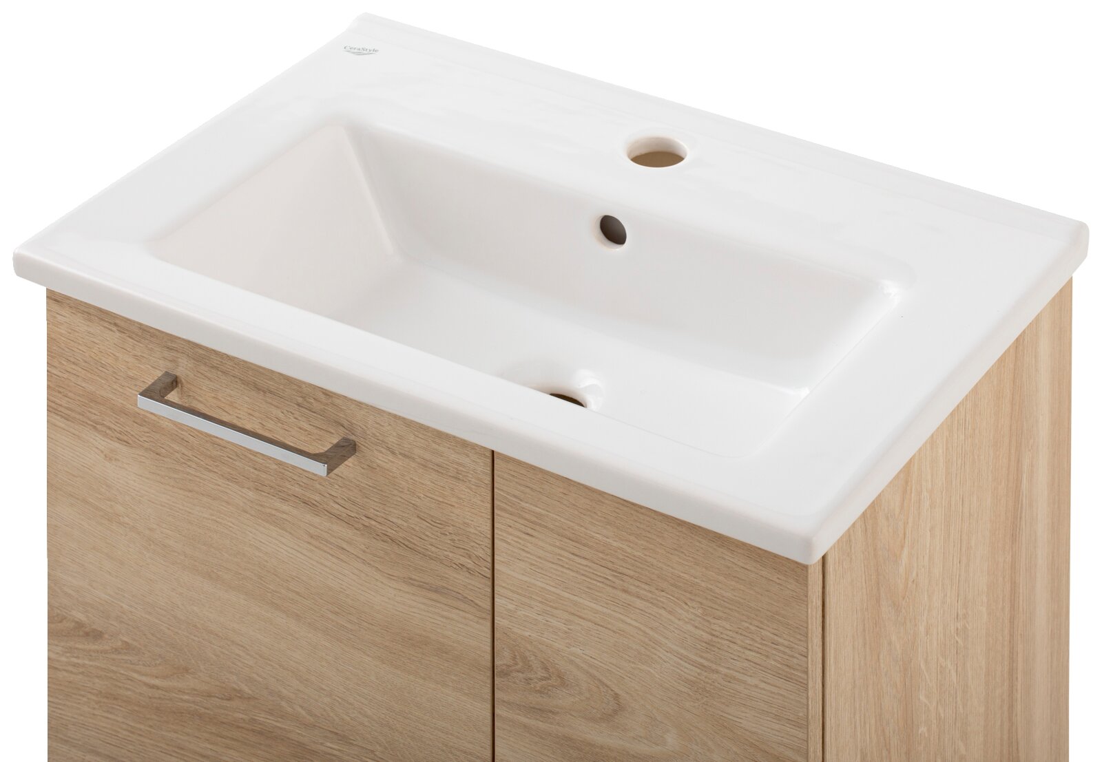 Waschtisch-Set mit weißem Keramikbecken und Holzunterschrank, seitliche Perspektive