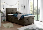 Boxspringbett in einem modernen Schlafzimmer, seitliche Perspektive, mit grauem Stoffbezug, dekoriert mit Kissen und Decke, neben einem großen Fenster.