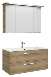 Moderner Badblock mit Holzoptik und weißem Waschbecken, bestehend aus einem Hängeschrank mit Spiegel und einem Unterschrank mit zwei Schubladen, Frontalansicht.