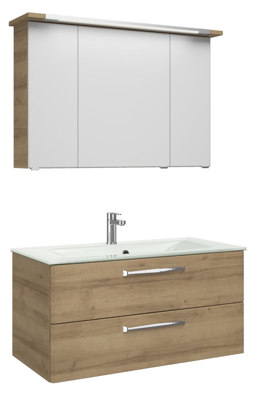 Moderner Badblock mit Holzoptik und weißem Waschbecken, bestehend aus einem Hängeschrank mit Spiegel und einem Unterschrank mit zwei Schubladen, Frontalansicht.